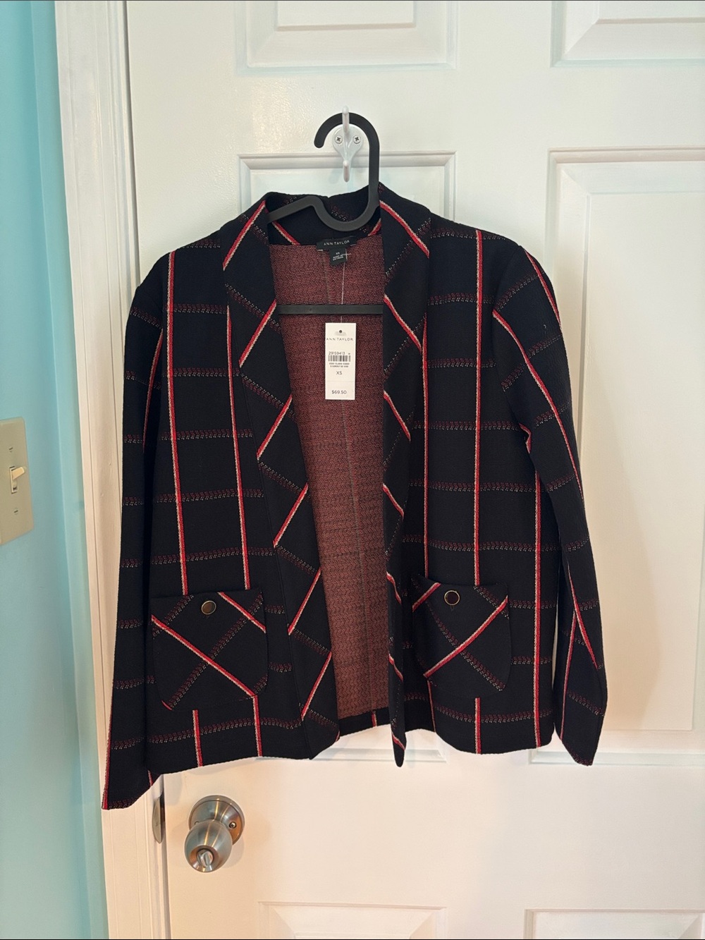 Ann Taylor Black Windowpane Blazer with Red Trim